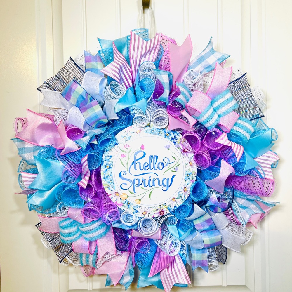 Handmade Hello Spring Prelit Ribbon Wreath 22 in LED W3 - Picture 9 of 9